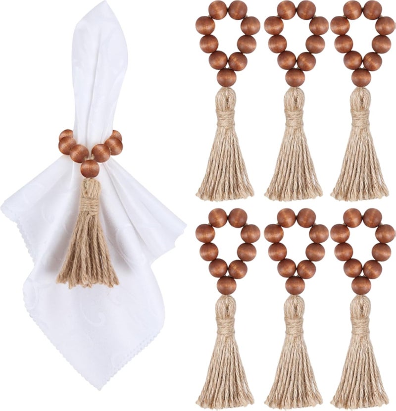 مجموعة حلقات مناديل خشبية من الخرز من ميبلايت، 6 قطع، حلقات مناديل قابلة للتمدد بنمط ريفي مع شرابة، حلقات مناديل بوهيمية لطاولة الطعام، ديكور حفلات الزفاف (بني)