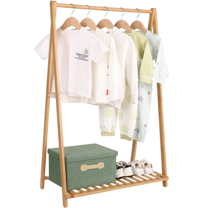 Jotsport Small Clothes Rack Kids Dress Up Storage for Playroom, Toddlers Bedroom, Bamboo Child Garment Rack with Storage Shelf, Kids Clothing Rack Costumes Organizer - Image 1