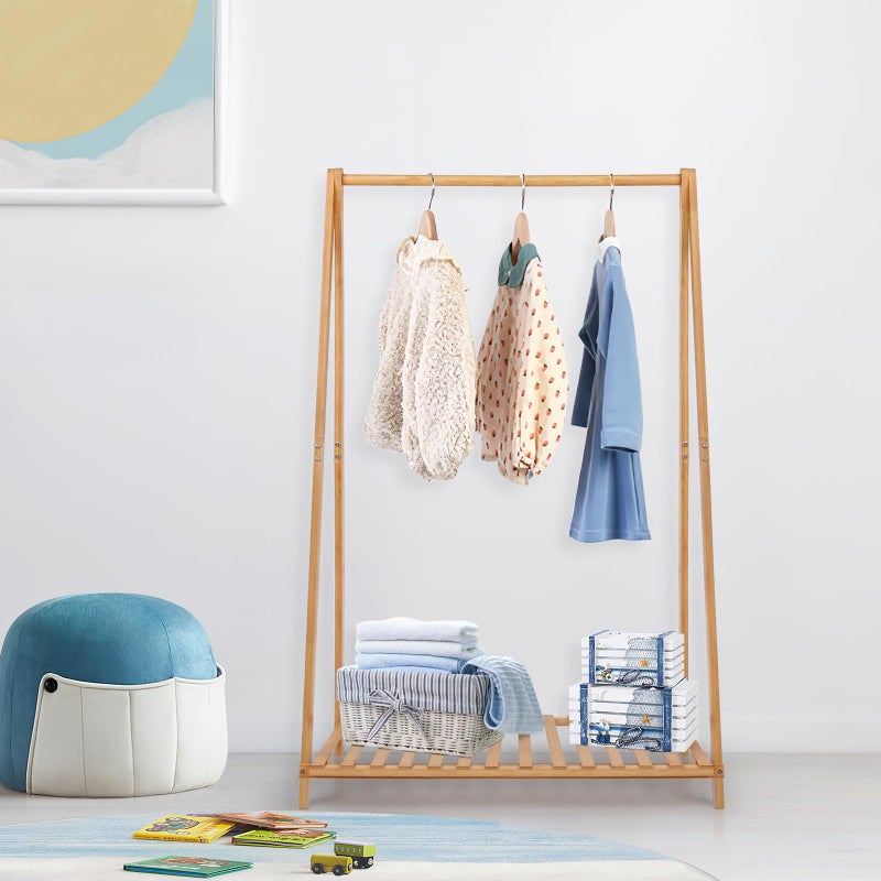 Jotsport Small Clothes Rack Kids Dress Up Storage for Playroom, Toddlers Bedroom, Bamboo Child Garment Rack with Storage Shelf, Kids Clothing Rack Costumes Organizer - Image 2