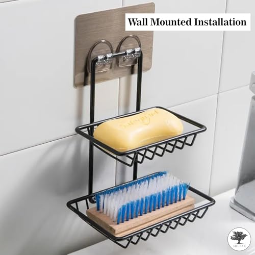 Sulfar Wall Mounted Double Layer Soap Dish Holder Stainless Steel Wall Hanging Soap Storage Rack for Kitchen Bathroom with Self Adhesive Magic Sticker (Black) - Image 4
