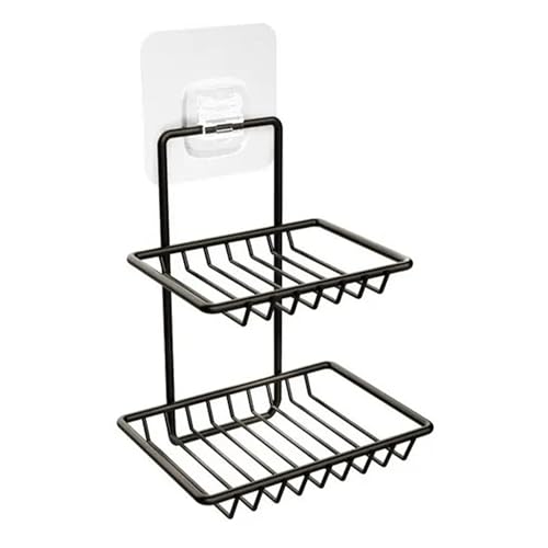 Sulfar Wall Mounted Double Layer Soap Dish Holder Stainless Steel Wall Hanging Soap Storage Rack for Kitchen Bathroom with Self Adhesive Magic Sticker (Black) - Image 1