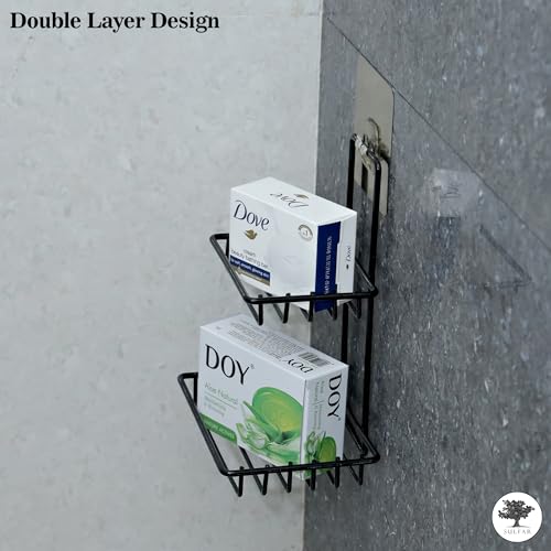 Sulfar Wall Mounted Double Layer Soap Dish Holder Stainless Steel Wall Hanging Soap Storage Rack for Kitchen Bathroom with Self Adhesive Magic Sticker (Black) - Image 5