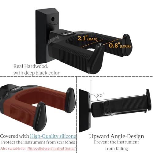 Onmiwod Guitar Wall Mount, Auto Lock Guitar Hanger Black Hardwood, Guitar Wall Hangers, Guitar Holder Hook Wall Stand for Classical, Acoustic, Electric Guitar, Bass, Ukulele, Gift for Guitar Player - Image 2