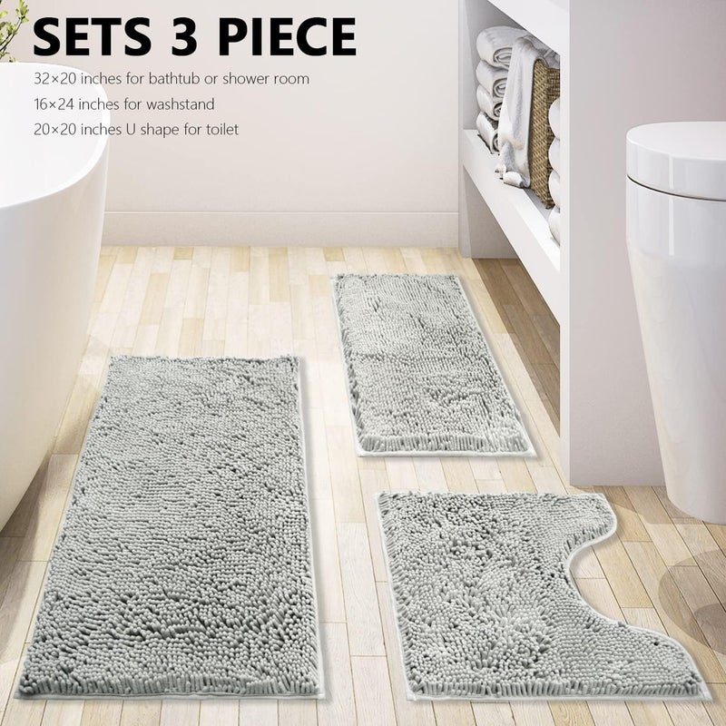 BOANKODU Bathroom Rugs Sets 3 Piece Extra Soft and Absorbent Shag Bathroom Rugs, Machine Wash Mat, Strong PVC Non-Slip Underside, Plush Carpet Mats (Light Grey) - Image 2