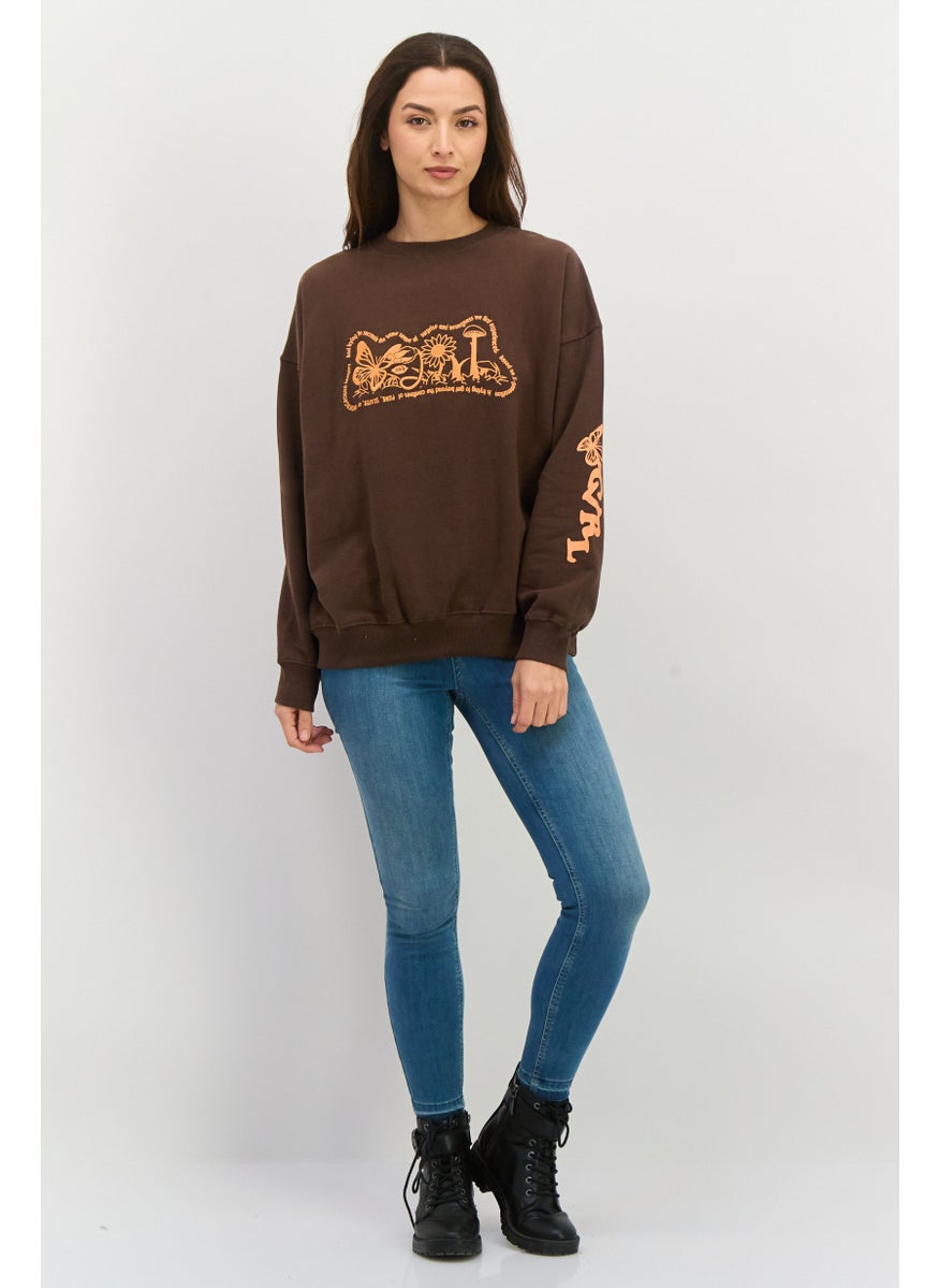 X-Girl - Women Crew Neck Long Sleeves Embroidered Sweatshirt, Dark Brown - Image 1
