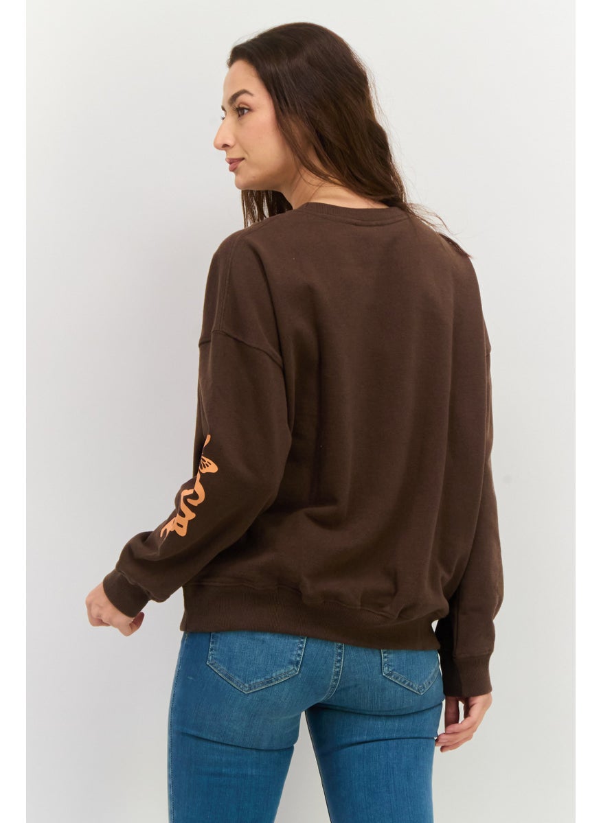 X-Girl - Women Crew Neck Long Sleeves Embroidered Sweatshirt, Dark Brown - Image 1