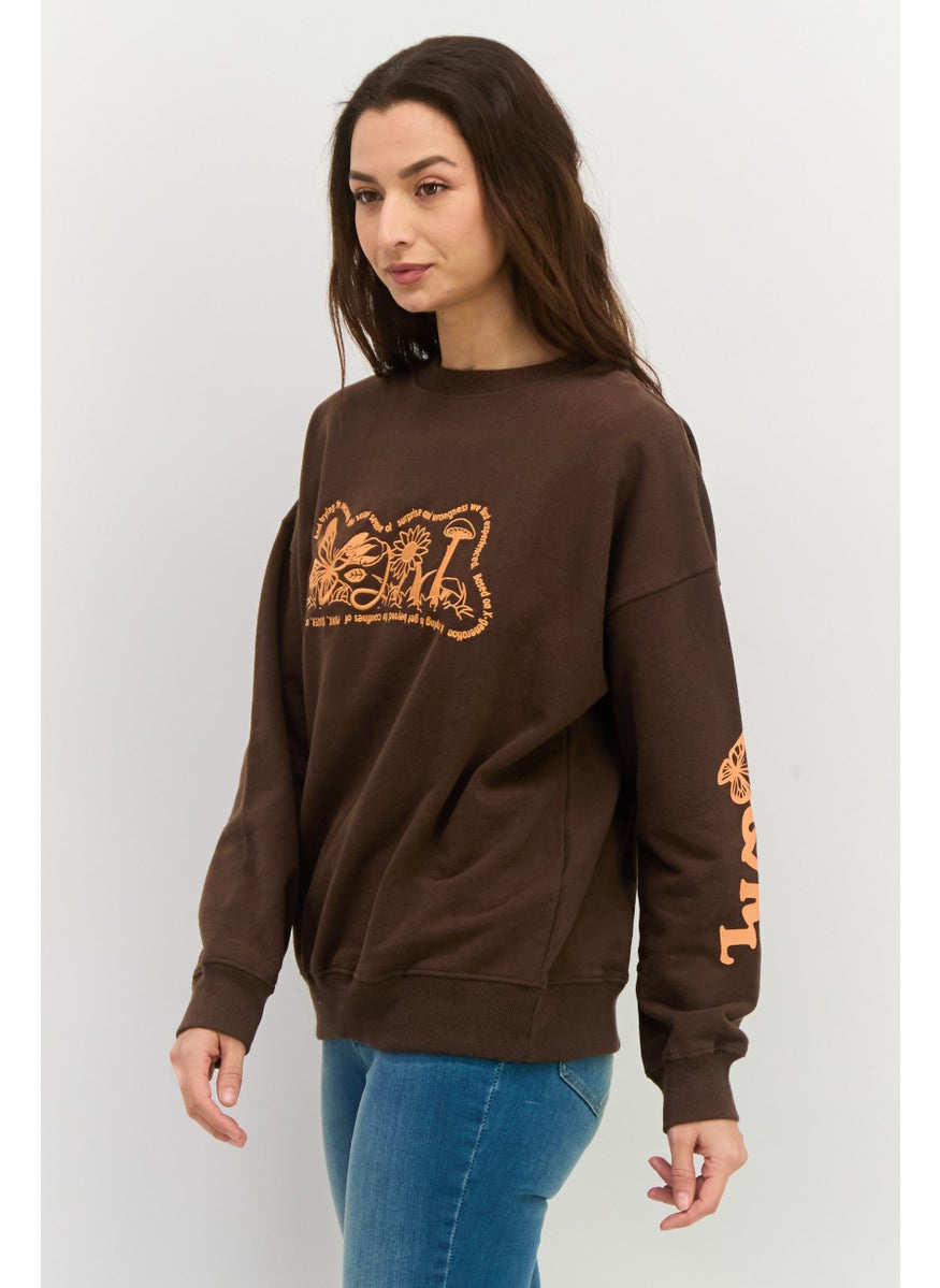 X-Girl - Women Crew Neck Long Sleeves Embroidered Sweatshirt, Dark Brown - Image 1