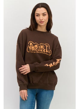 Women Crew Neck Long Sleeves Embroidered Sweatshirt, Dark Brown