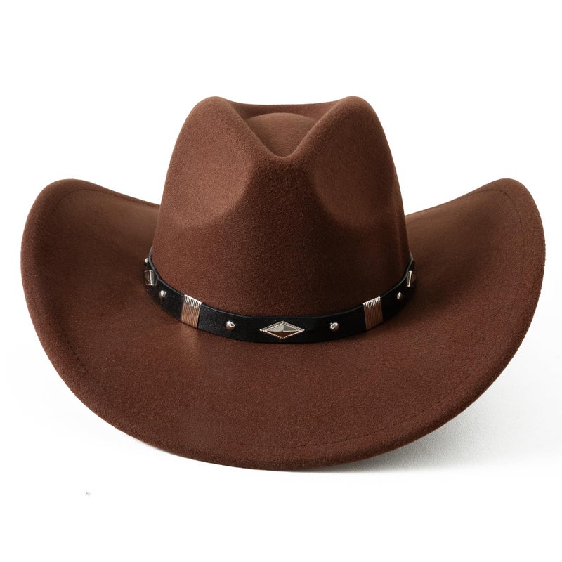 Lanzom Women Men Classic Felt Wide Brim Western Cowboy Cowgirl Hat with Belt Buckle(Coffee 1, Large-X-Large) - Image 3