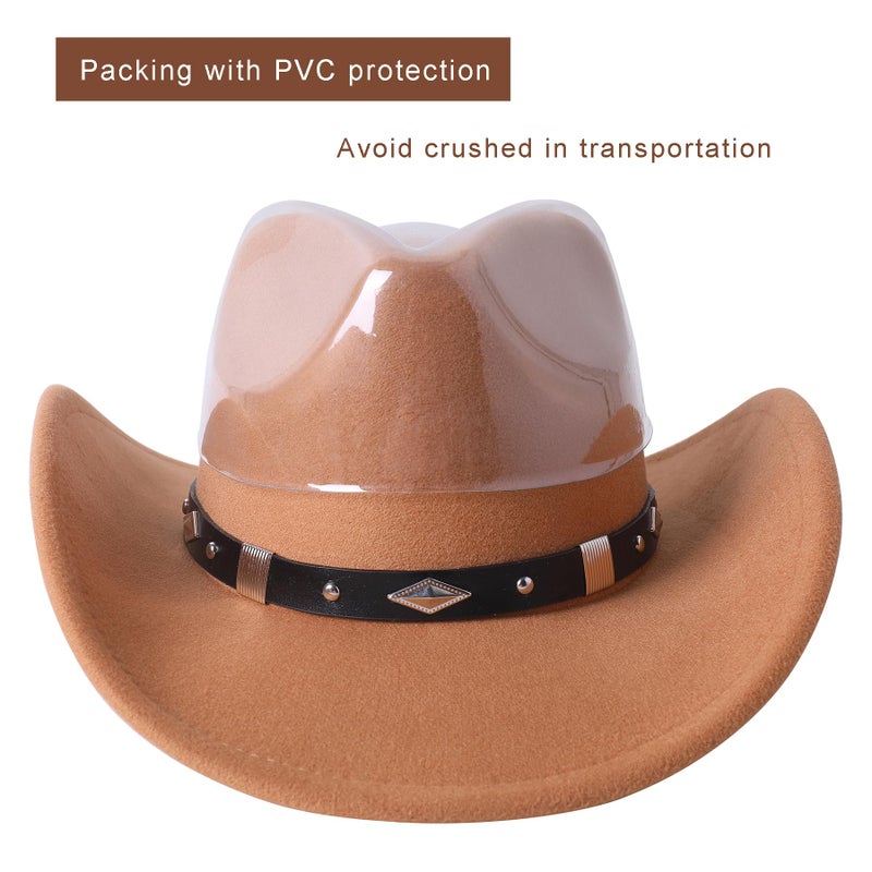 Lanzom Women Men Classic Felt Wide Brim Western Cowboy Cowgirl Hat with Belt Buckle(Coffee 1, Large-X-Large) - Image 5