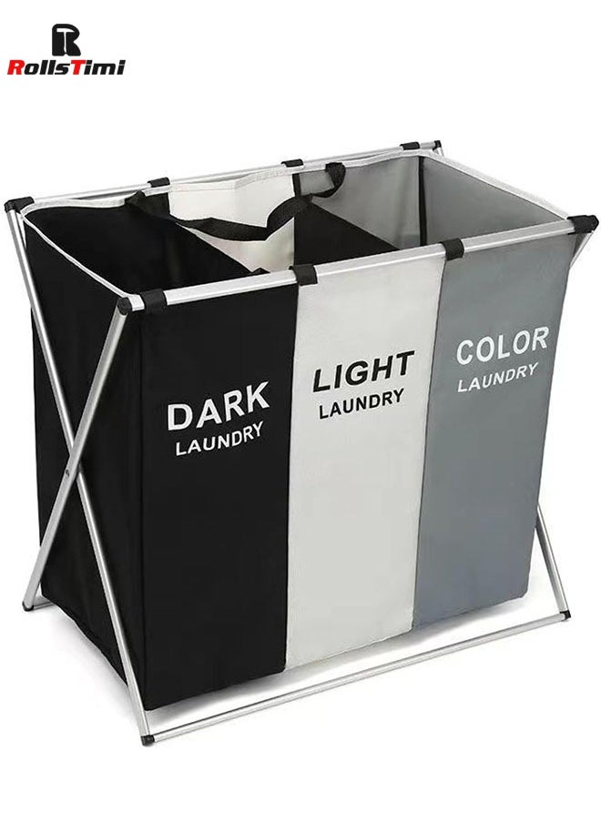 RollsTimi  3 Section Laundry Basket Printed Dark Light Color, Foldable Hamper/Sorter with Waterproof Oxford Bags and Aluminum Frame  - Image 2