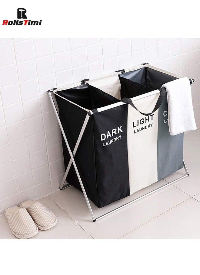 RollsTimi  3 Section Laundry Basket Printed Dark Light Color, Foldable Hamper/Sorter with Waterproof Oxford Bags and Aluminum Frame  - Image 1