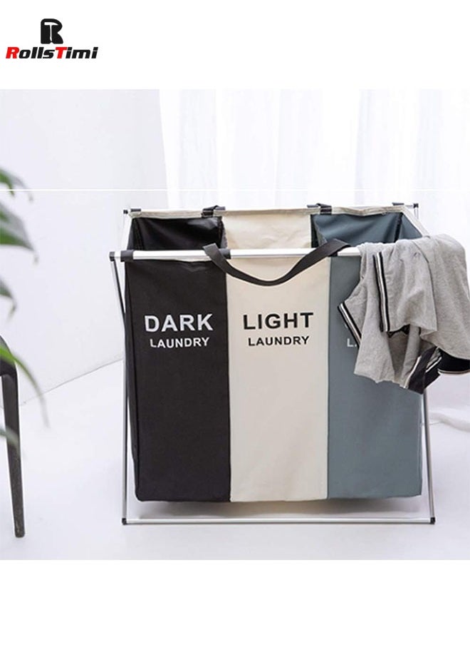 RollsTimi  3 Section Laundry Basket Printed Dark Light Color, Foldable Hamper/Sorter with Waterproof Oxford Bags and Aluminum Frame  - Image 3
