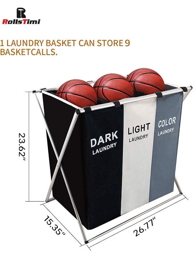 RollsTimi  3 Section Laundry Basket Printed Dark Light Color, Foldable Hamper/Sorter with Waterproof Oxford Bags and Aluminum Frame  - Image 5