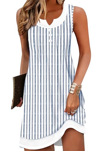 ETCYY Beach Dresses for Women 2026 Vacation Swimsuit Coverup School Teacher Summer Dress Button Down Sleeveless Boho Sundress,Striped Navy,Large - Image 1