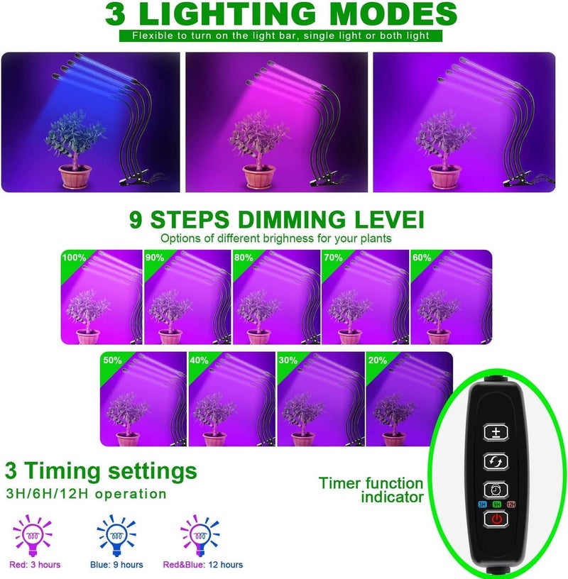 Linist Metal Grow Light, 80W, 80 Led 9 Dimmable Levels Plant Grow Lights For Indoor Plants With Red Blue Spectrum, Adjustable 3-9 -12H Timer, 3 Switch Modes - Image 2