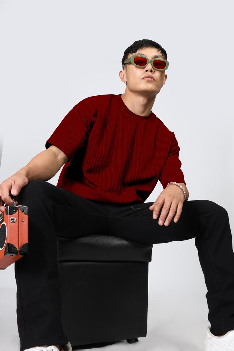 SHODOX® Men Oversized T Shirt Solid Dotted Design | Round Neck Loose Fit Drop Shoulder Casual T-Shirt for Men Red - Image 5