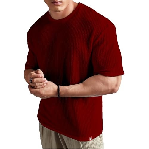 SHODOX® Men Oversized T Shirt Solid Dotted Design | Round Neck Loose Fit Drop Shoulder Casual T-Shirt for Men Red - Image 1