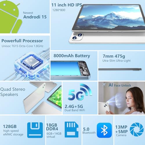 NRKDUBQ 11 inch Android 15 Tablet with Keyboard 20GB RAM 128G Storage, 2025 Latest Cellular Tablet 4G LTE T-moblie Phablet, T615 Octa-Core 8000mAh, 13MP+5MP Camera, 5G WiFi & Bluetooth - Sliver - Image 3