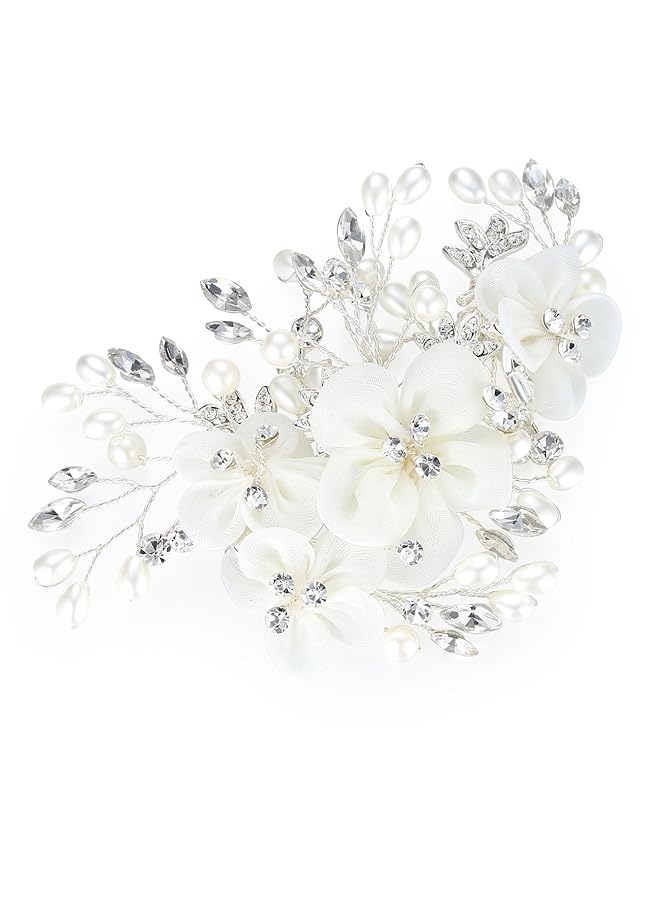 erorex Bridal Jewelery Flower Hair Combs Clip For Women'S Wedding Accessories Simulated Pearl And Rhinestones White - Image 1