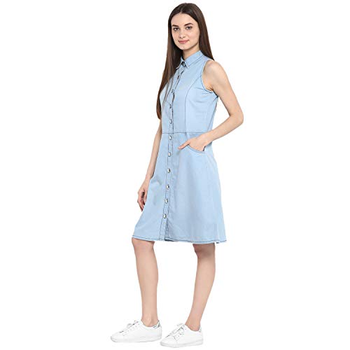 StyleStone (3325IceShinyBtnS Women's Ice Blue Denim Dress with Buttons - Image 4