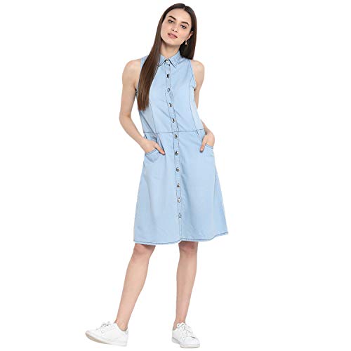 StyleStone (3325IceShinyBtnS Women's Ice Blue Denim Dress with Buttons - Image 1
