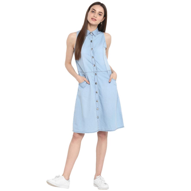 StyleStone (3325IceShinyBtnS Women's Ice Blue Denim Dress with Buttons - Image 5