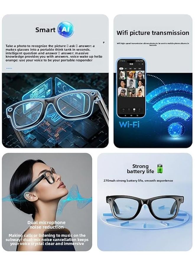 AI Smart Glasses With 8MP Camera Real Time Translation Anti Shake Video Interchangeable Lenses Frame Clear Blue Light - Image 3