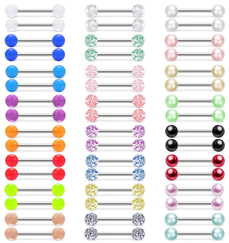 MONAZEO 48Pcs 14G Stainless Steel Nipple Rings Tongue Rings Straight Barbell Bars Piercing Glow in Dark Flexible Retainer Piercing Jewelry for Women Men 16mm Bar - Image 1