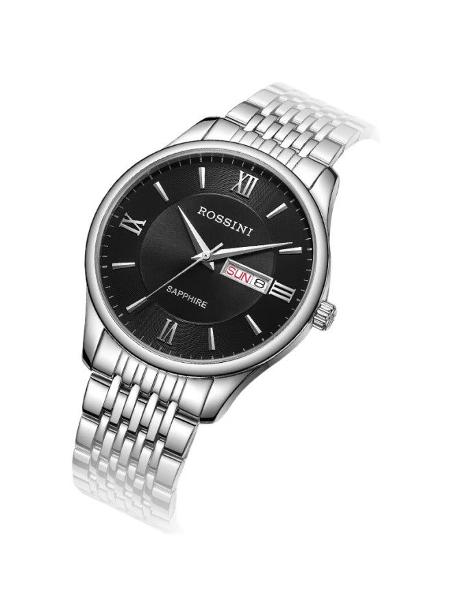 ROSSINI Men'S Quartz Watch, Black Dial, Steel Strap, New Year Gift For Boyfriend, Chinese Brand, Business Style, Compact, With Calendar, 618573 - Image 1