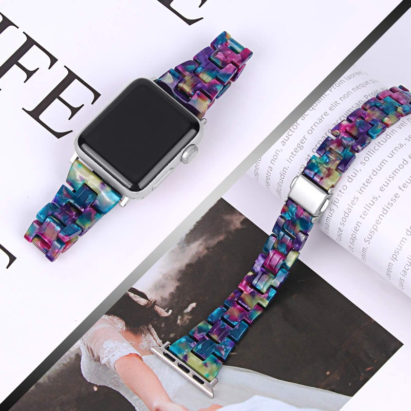 JOYOZY Compatible with Apple Watch Bands 38mm 40mm 41mm 42MM(Series 11/10) Fashion Slim Resin Band For Apple Watch Series 11 10 9 8 7 6 5 4 3 2 1 SE (Purple Green Flower-Uniqe, 38MM 40MM 41MM 42MM) - Image 3