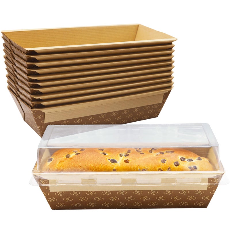 Avant Grub Baking Pan Chef Grade 1Lb Paper Loaf Pans 10 Pk. Elegant Disposable Bakeable Kraft Pan Supplies for Baking Bread, Small Meatloaf, Bundt Cake, Sweets, Kraft Paper - With Lids - Image 1