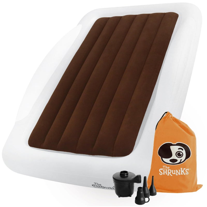 The Shrunks The Shrunks Toddler Travel Bed Portable Inflatable Air Mattress Bed for Travel or Home Use, White, Kids Air Bed for Camping and Sleepover with Security Rails and Electric Pump 152 x 94 x 23cm - Image 1