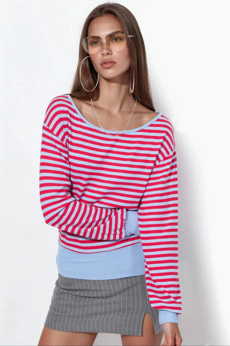 BUSEM Women's Striped Long-sleeve Ribbed T-shirt