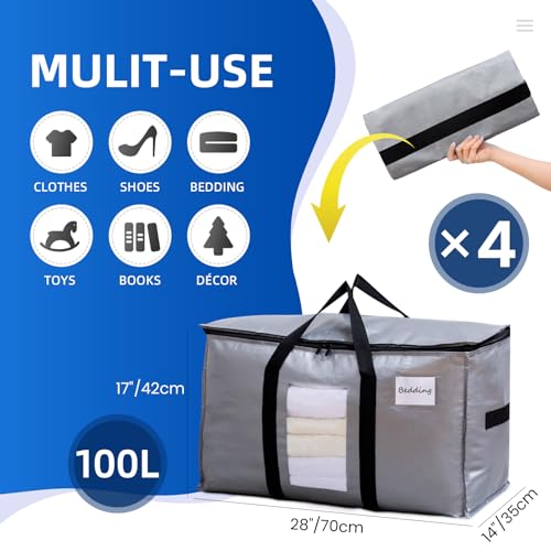 TAILI Extra Large Moving Bags, 4 Pack Silver Heavy Duty Totes For Storage with Visible Window, Wrap Around Handles, Space Saving Storage Bags for Moving Supplies, Alternative to Moving Boxes - Image 2