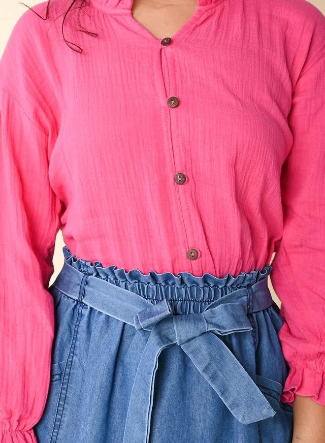 LILPICKS Solid Button Down Top with Tie up Skirt Set