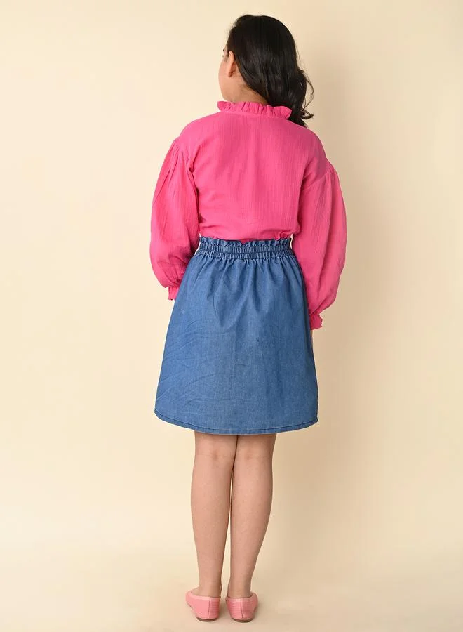 LILPICKS Solid Button Down Top with Tie up Skirt Set
