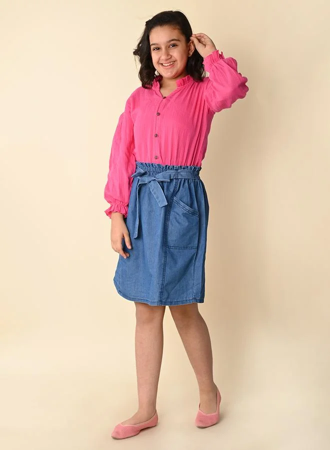 LILPICKS Solid Button Down Top with Tie up Skirt Set