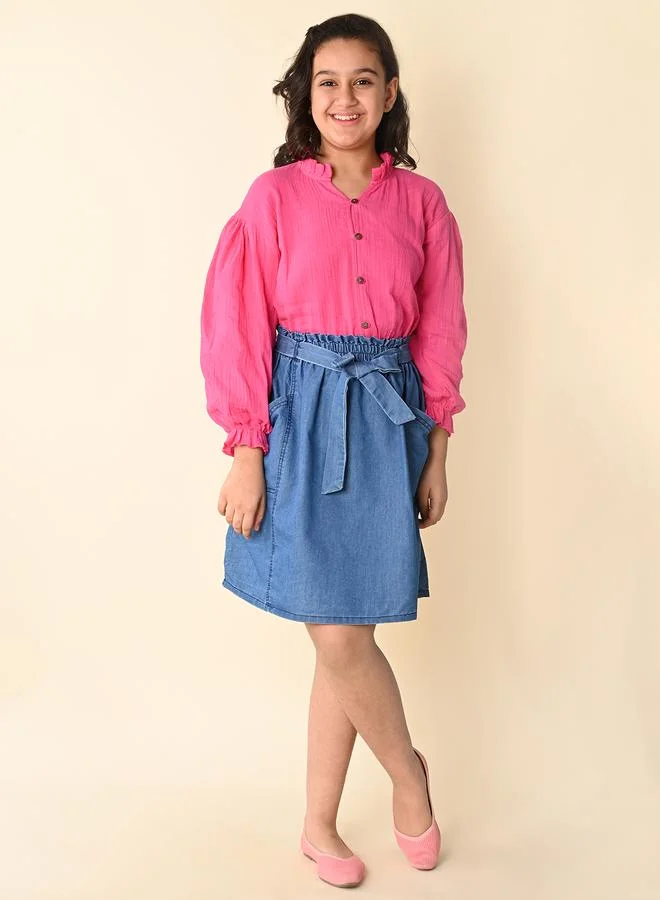 LILPICKS Solid Button Down Top with Tie up Skirt Set
