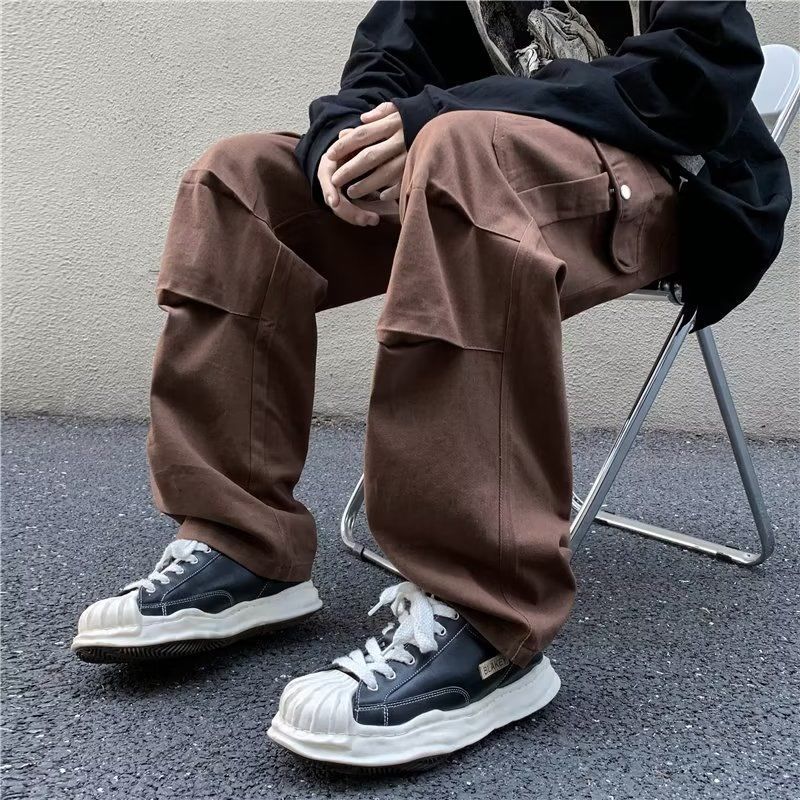 Japanese Multi-Pocket Cargo Pants Men Casual Loose Straight Brown - Image 4