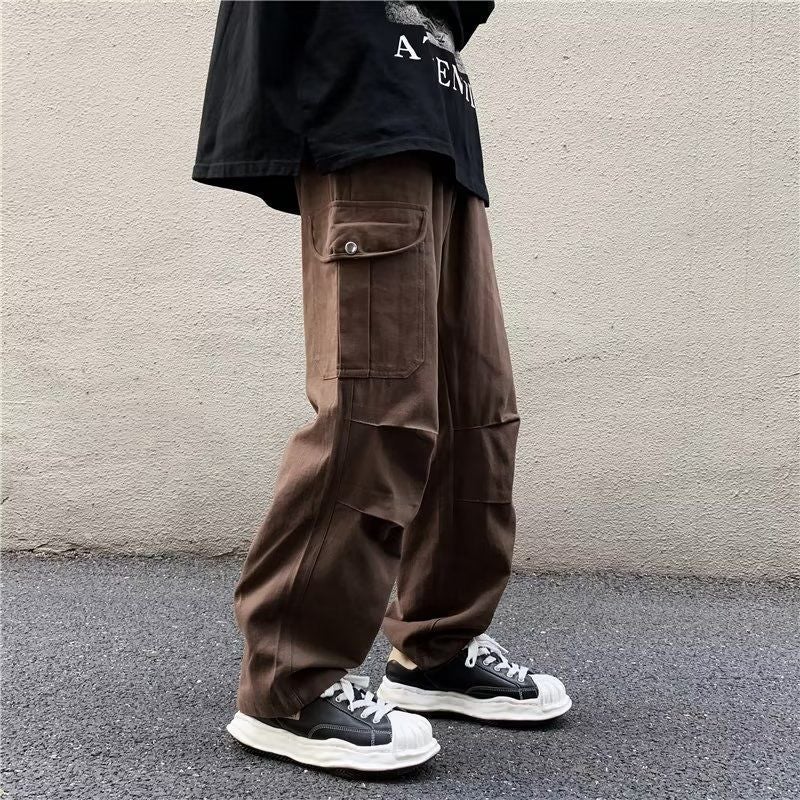 Japanese Multi-Pocket Cargo Pants Men Casual Loose Straight Brown - Image 3