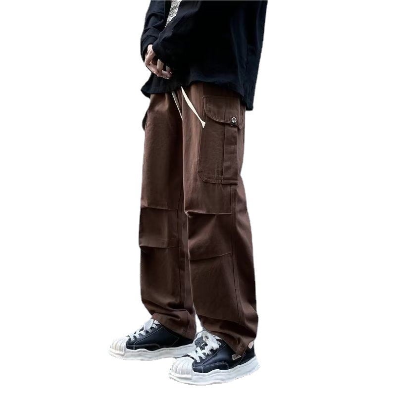 Japanese Multi-Pocket Cargo Pants Men Casual Loose Straight Brown - Image 5