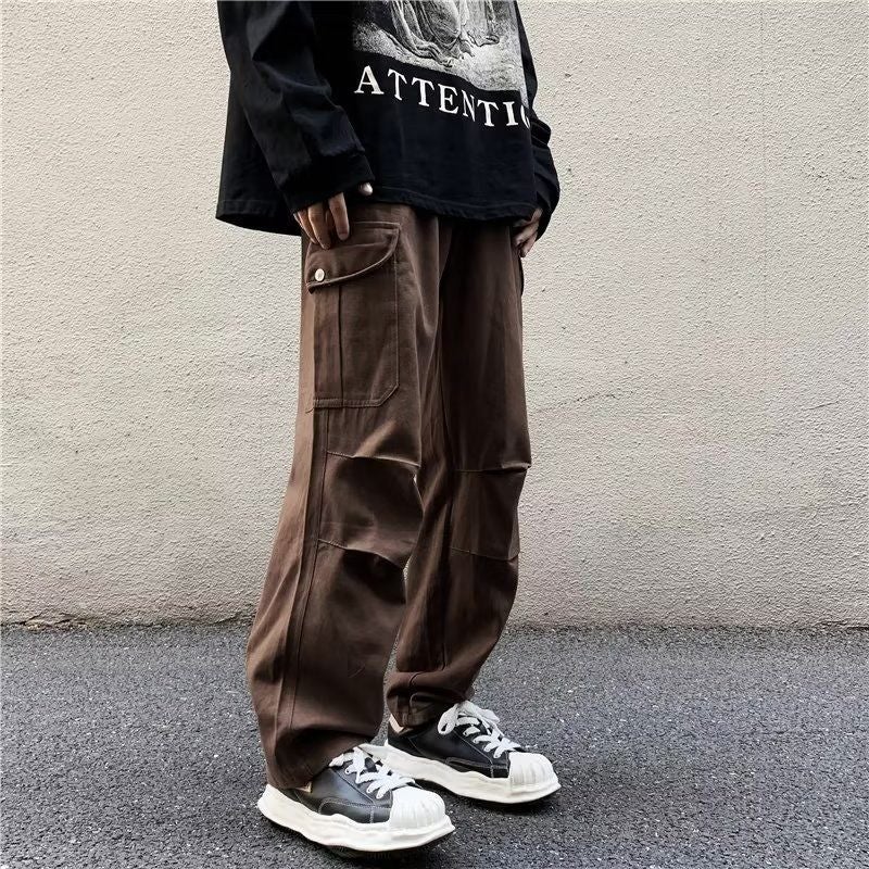 Japanese Multi-Pocket Cargo Pants Men Casual Loose Straight Brown - Image 1