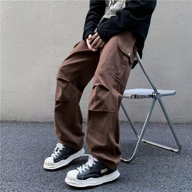 Japanese Multi-Pocket Cargo Pants Men Casual Loose Straight Brown - Image 2