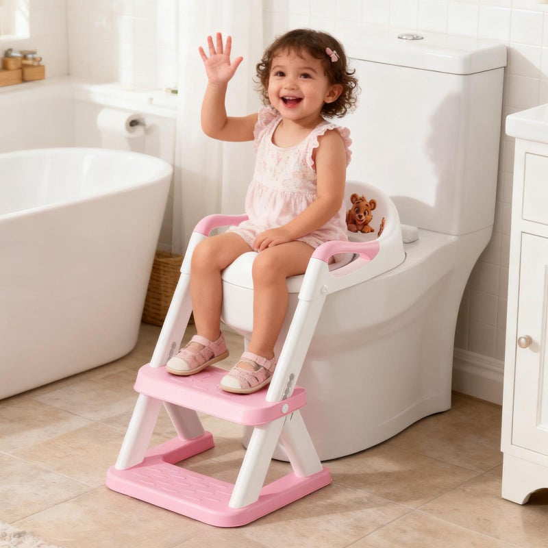 SKYROKU Potty Training Seat, SKYROKU 8868 Toddler Toilet Seat for Kids Boys Girls, 2 in 1 Potty Training Toilet, Splash Guard Anti-Slip Pad Step Stool, New Sector-Shape Stabilized Base (8868-Pink) - Image 2