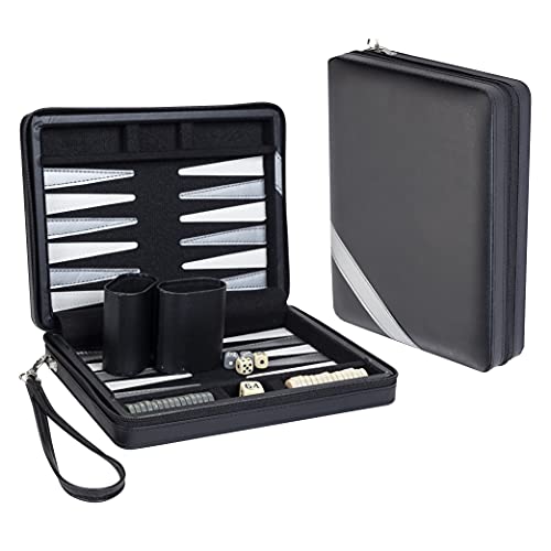 WE Games Magnetic Backgammon Set with Black Leatherette Case with Gray Stripe and Carrying Strap - Travel Size - Image 1