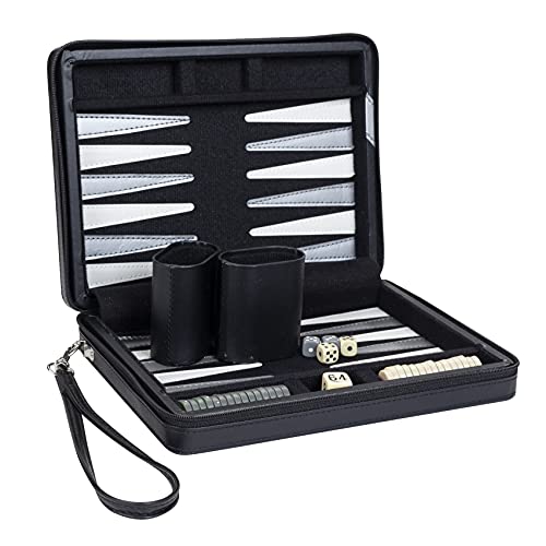 WE Games Magnetic Backgammon Set with Black Leatherette Case with Gray Stripe and Carrying Strap - Travel Size - Image 3