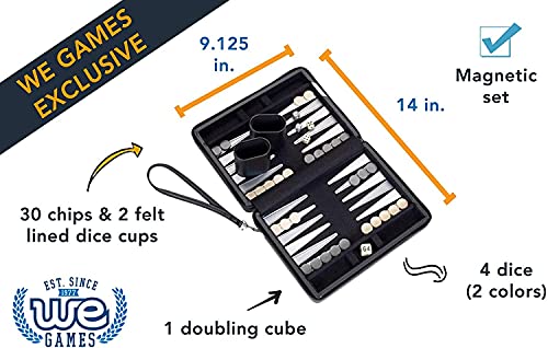 WE Games Magnetic Backgammon Set with Black Leatherette Case with Gray Stripe and Carrying Strap - Travel Size - Image 2