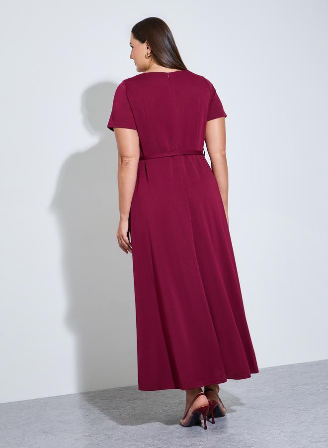 Styli Plus Size Burgundy Belted A-Line Maxi Dress - Image 5