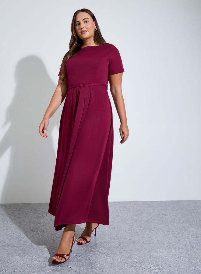 Styli Plus Size Burgundy Belted A-Line Maxi Dress - Image 3